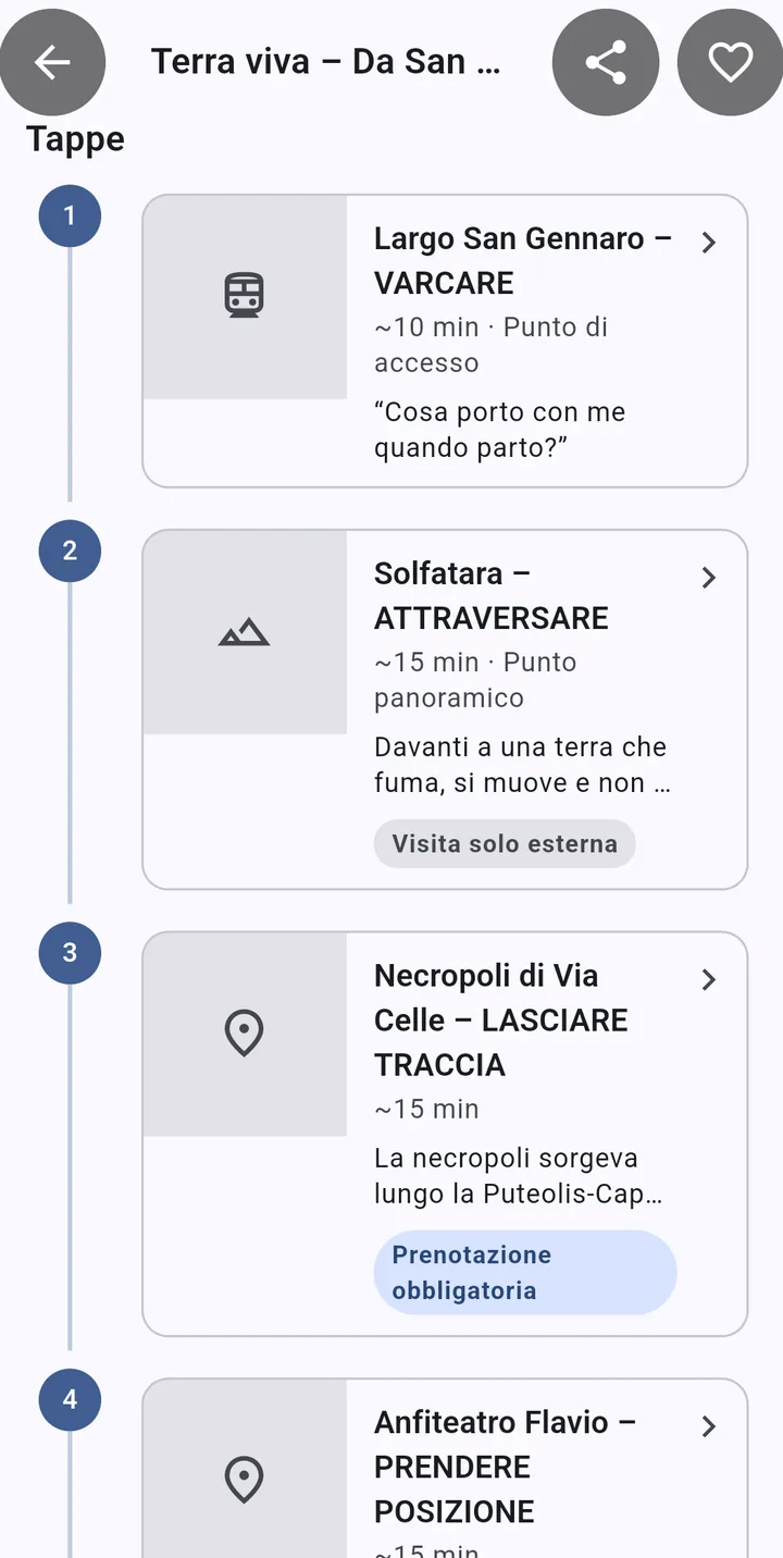 Elenco delle tappe dell’itinerario: 1 Largo San Gennaro, punto di accesso, circa 10 minuti; 2 Solfatara, punto panoramico, «Davanti a una terra che fuma, si muove…», visita solo esterna; 3 Necropoli di Via Celle, prenotazione obbligatoria; 4 Anfiteatro Flavio.