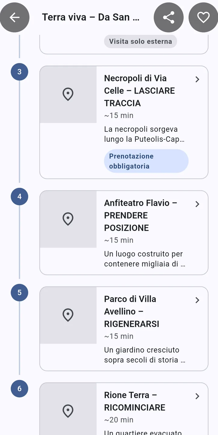 Schermata reale delle tappe dello stesso itinerario: 3 Necropoli di Via Celle – Lasciare traccia, prenotazione obbligatoria; 4 Anfiteatro Flavio – Prendere posizione; 5 Parco di Villa Avellino – Rigenerarsi; 6 Rione Terra – Ricominciare. Ogni tappa ha un tempo di visita e un breve testo.
